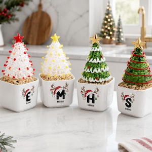 Vaso de cerâmica personalizado com árvore de Natal de vidro, decoração natalina personalizada com iniciais e nome, mini presente de Natal.