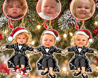 May include: Three custom acrylic Christmas ornaments featuring illustrations of children wearing Santa hats and black suits. Each ornament is paired with a circular photo of the child it depicts, showing their facial expressions clearly.