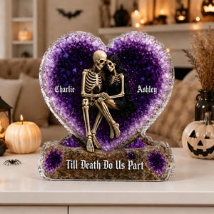 Personalized Till Death Do Us Part Acrylic Block, Custom Skeleton Couple Quartz Heart Plaque, Halloween Couple Decor, Gothic Love Gift
