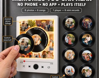 May include: A white rectangular music player frame with a backlit photo collage and eight circular mini records. Text reads: MEMORIES YOU CAN HEAR, NO PHONE, NO APP, PLAYS ITSELF, 8 photos + 8 songs, 1 player + 8 mini records, Custom photo collage, Custom record art, Custom mini records.