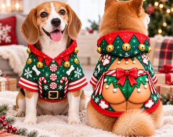 May include: A dog hoodie featuring a festive elf design with a green base, red trim, gold bells, candy canes, peppermint candies, and white snowflakes. The back of the hoodie displays a red bow and a graphic print of elf-themed details.