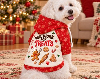 Funny Christmas Dog Hoodie, Will Work Treats Pet Sweatshirt, Gingerbread Cookie Dog Outfit, Holiday Puppy Clothes, Xmas Gift for Dog Lovers