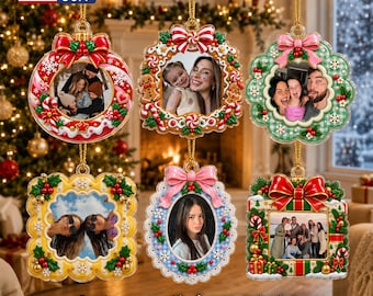 May include: Six 2D flat acrylic Christmas ornaments with gold hanging strings. Each ornament features a custom photo frame design with festive motifs like bows, holly, candy canes, and gingerbread men. Text reads: Customize with frame and photo.