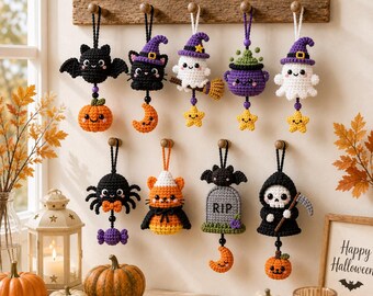May include: Nine crocheted Halloween ornaments hanging from a wooden rack. The figures include a bat with a pumpkin, a cat in a witch hat with a moon, a ghost on a broom with a star, a purple cauldron, a ghost with a star, a spider, candy corn, a tombstone with the text RIP, and a grim reaper with a pumpkin.