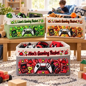 パーソナライズされたゲーム用収納バスケット、カスタムネーム入りゲーマー用おもちゃ箱、ビデオゲームオーガナイザー、ゲームルームの装飾、ゲーマーへのギフト