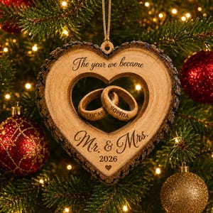 May include: A heart-shaped wooden ornament with bark edges, featuring two interlocking wooden rings engraved with the names Lucas and Sophia. The ornament is inscribed with the text The year we became Mr. & Mrs. 2026 and a small heart icon.