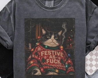 Festliches und lustiges Weihnachtsshirt mit Katze, Weihnachtsshirt mit rauchender schwarzer Katze, Vintage-Weihnachtsshirt mit mürrischer Katze, lustiges Geschenk für Katzenliebhaber