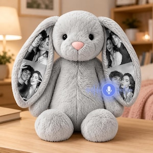 Coniglietto di peluche personalizzato con registrazione vocale, coniglietto imbottito con foto personalizzata, peluche con foto nascosta, regalo di anniversario per lei
