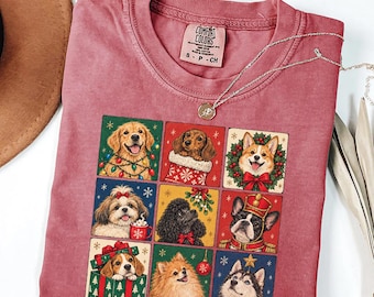 Weihnachts-T-Shirt mit Hundemotiv, Comfort Colors Tee, Vintage-Weihnachts-Hundeporträts, lustiges Haustiergeschenk, süßes Oberteil für Hundemama, gemütliches Winteroutfit