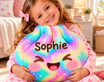 Personalized Rainbow Dumpling Pillow, Custom Name Smiling Rainbow Plush Cushion, Kawaii Nursery Decor, Birthday Gift for Girls Boys