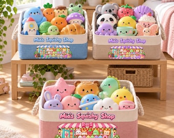 Personalized Squishy Storage Basket, Custom Name Squishy Shop Toy Bin, Colorful Rainbow Kids Room Organizer, Playroom Decor, Birthday Gift
