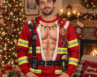 May include: A red long-sleeve sweatshirt featuring a printed firefighter uniform design with yellow reflective stripes, a black utility belt, a radio, and a fire department badge. The center displays a realistic muscular torso with Christmas lights.