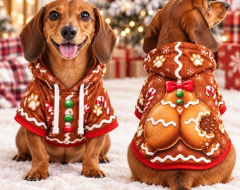 May include: A brown dachshund wearing a gingerbread-themed hoodie with white drawstrings, red trim, and candy cane patterns. The back of the hoodie features a large gingerbread cookie graphic with a red bow and white icing details.
