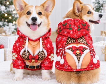 May include: A red dog hoodie featuring a white snowflake pattern, a printed leopard print lingerie design with red bows, gold heart charms, and white pom-poms. The garment includes a hood with white drawstrings and a black belt graphic.