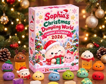 May include: A rectangular advent calendar box titled Sophia's Christmas Dumpling World 2026, featuring a cartoon dumpling character in a Santa hat. The box is surrounded by 24 small, colorful, smiling dumpling-shaped toys and translucent cubes.