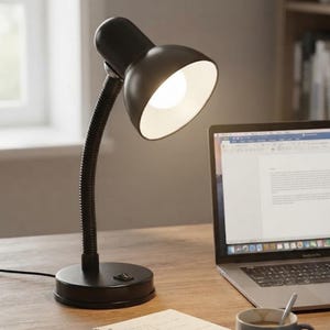 May include: A black desk lamp with a flexible gooseneck arm, a rounded shade with a white interior, and a circular base featuring a power switch. The lamp is illuminated, casting light from a visible bulb inside the shade onto the workspace.