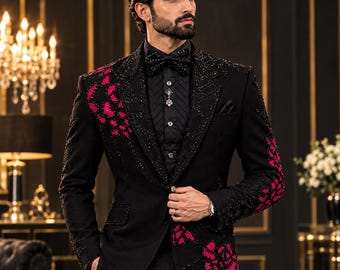 Pink Black Sequin Blazer for Men, Designer Party Jacket, Handmade Sparkle Tuxedo, Wedding Prom and Evening Wear - Peak lapel aur textured
