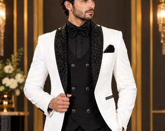 Men's White Sparkle Tuxedo Suit – Black Embellished Shawl Lapel, Luxury 3-Piece Wedding Groom Outfit, Custom Fit Prom & Formal Wear