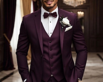 Mens Burgundy 3 Piece Suit Grape Purple Wedding Party Suit Single Breasted One Button Standard Fit Solid Formal Groom Prom Blazer Vest Pants