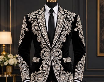 Abito da sposo su misura nero con strass, blazer argentato impreziosito da cristalli, smoking da sposo in due pezzi, abito di lusso per balli di fine anno e feste formali.