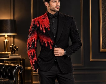 Handcraft Drip Effect Red & Black Blazer, Statement Prom Suit, Unique Artistic Men’s Tuxedo Jacket, Fashion Runway Attire, wedding Custom