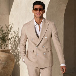 Blazer cruzado caqui para hombre, chaqueta de traje formal para bodas, fiestas y negocios, estilo casual elegante para la oficina, primavera y otoño.