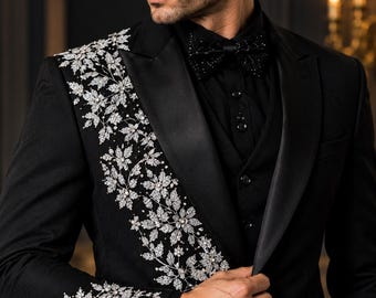 Men's Black Silver Embroidered Tuxedo Suit, Gothic Wedding Coat and Pants, Formal Prom Outfit, Floral Statement Eveningwear, Luxury Tailored