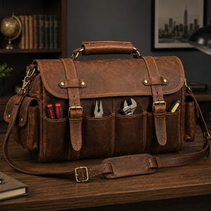 May include: A brown leather tool bag featuring a top handle, an adjustable shoulder strap, and a front flap secured with two buckle straps. The exterior includes multiple front pockets containing various hand tools like pliers and screwdrivers.