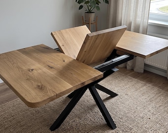 Space Saving Table: Solid Oak Furniture, Extendable Wood Design, Custom Metal Legs