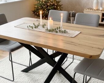 Table de salle à manger extensible en chêne massif : piètement en métal, dimensions personnalisables, bois massif