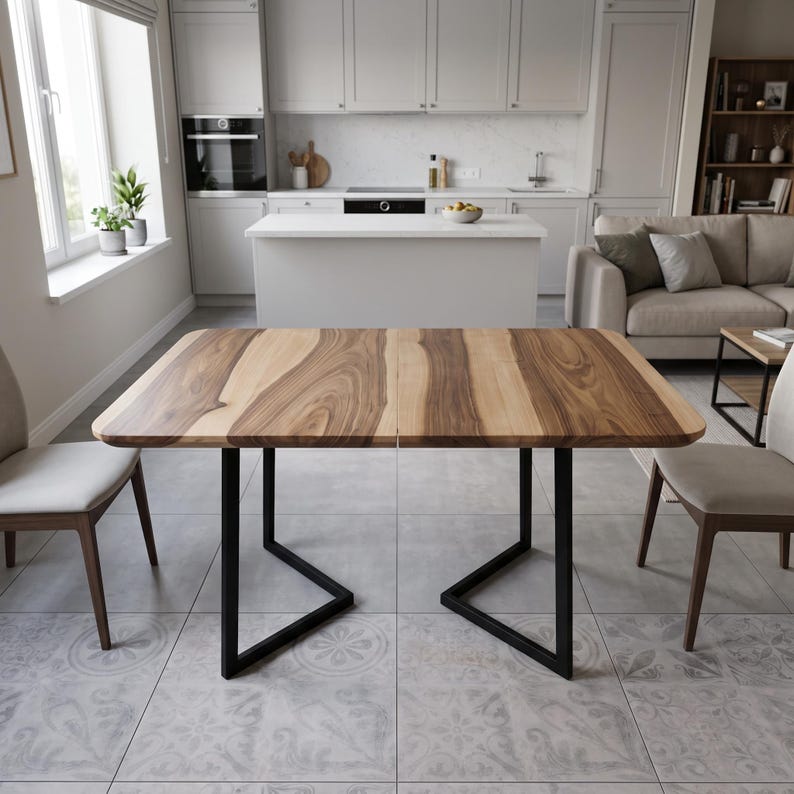 May include: A rectangular dining table featuring a natural wood grain tabletop with light and dark brown tones, supported by two black metal trapezoidal legs. The table is positioned between two light-coloured chairs on a tiled floor.