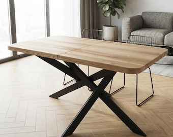 Extendable Ash Wood Dining Table: Modern Industrial Style, Metal Base