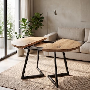May include: A round wooden dining table with a light brown natural wood grain finish and a visible center extension mechanism. The table features two semi-circular top sections and a black metal frame with angular, geometric legs.