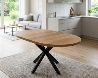Tavolo da pranzo pieghevole in legno massello di frassino, base moderna in metallo, tavolo da cucina ovale salvaspazio
