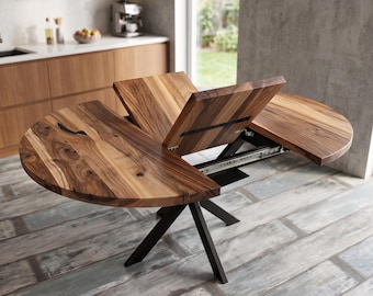 Extendable Table, Round Walnut Dining Table, Solid Wood, Hidden Extension, Metal Legs