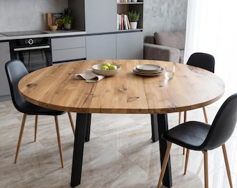 Tavolo allungabile, tavolo da pranzo rotondo in rovere con prolunghe, piano in legno massello, gambe in metallo, mobile per piccoli spazi