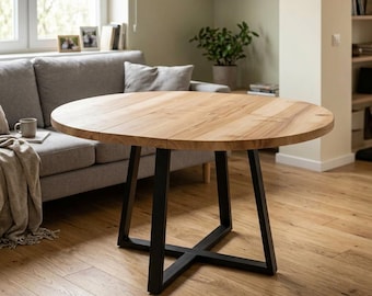 Tavolo da pranzo rotondo: tavolo allungabile in legno massello di frassino, arredamento moderno scandinavo.