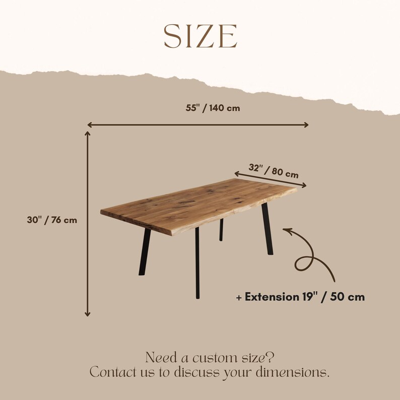 May include: A rectangular wooden dining table with black metal legs. Dimensions are 55 inches long, 32 inches wide, and 30 inches high, with an additional 19-inch extension. The text reads SIZE and Need a custom size? Contact us to discuss your dimensions.