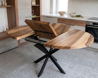 Extendable Round Walnut Dining Table: Solid Wood, Modern Metal Base, Custom Size