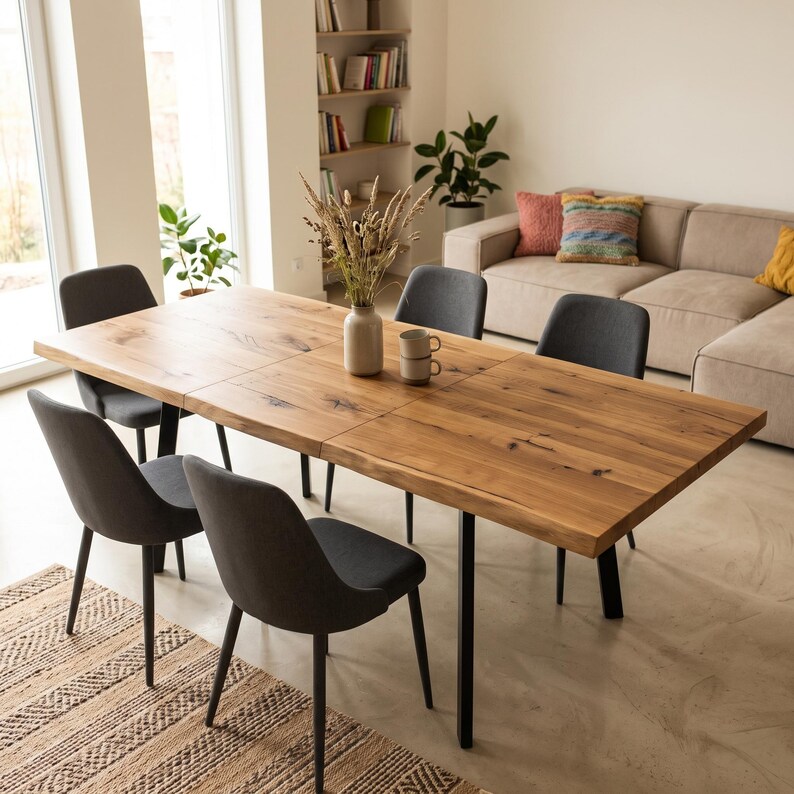 May include: A rectangular dining table with a natural wood grain top and black metal legs, surrounded by six dark gray upholstered chairs. A light-colored ceramic vase containing dried flowers and two small stacked mugs sit on the table surface.