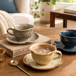 May include: Three ceramic teacups with matching scalloped saucers in speckled grey, solid blue, and light beige finishes. A gold-toned metal tea infuser and a matching gold spoon are placed on the wooden surface near the teacups.