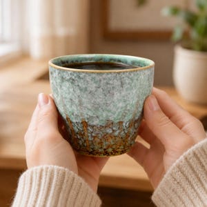 Könnte beinhalten: Ein Keramikbecher mit reaktiver Glasur, der einen gesprenkelten mintgrünen oberen Teil und eine texturierte, dunkelbraune Basis aufweist. Das Gefäß hat einen breiten, offenen Rand und eine konische Form mit einem deutlichen Farbübergang.