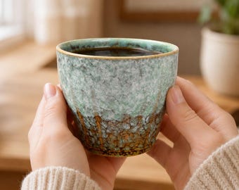 May include: A ceramic cup featuring a reactive glaze with a mottled mint green upper section and a textured, dark brown base. The vessel has a wide, open rim and a tapered shape, showcasing a distinct colour transition between the two earthy tones.