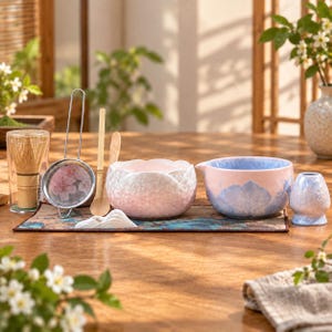May include: A matcha tea set featuring a bamboo whisk in a clear container, a metal mesh strainer, a bamboo scoop, a white ceramic mountain-shaped rest, a textured pink bowl, a blue and pink pouring bowl, and a blue whisk holder on a patterned mat.