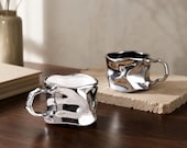 Irregular Silver Ceramic Mug, 11.8 oz Sculptural Coffee Cup with Wavy Rim, Modern Housewarming Gift for Her or Him