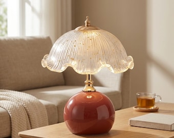 Vintage Fluted Glass Table Lamp, Cozy Bedside Light, Ceramic Base