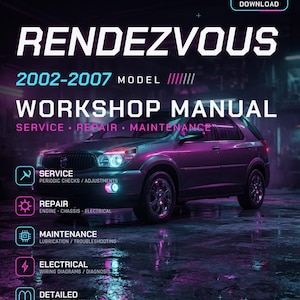 Könnte beinhalten: Ein digitales PDF-Werkstatthandbuch für den Buick Rendezvous 2002-2007. Das Cover zeigt einen dunklen SUV mit violetter und blauer Neonbeleuchtung sowie Text zu Service, Reparatur, Wartung, Elektrik und Schritt-für-Schritt-Anleitungen.
