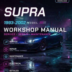 Op de afbeelding: Een digitale PDF-werkplaatshandleiding als download voor de Toyota Supra 1993-2002. De cover toont een blauwe sportwagen in een donkere garage met neonroze en blauwe tekst over service, reparatie, onderhoud en gedetailleerde instructies.