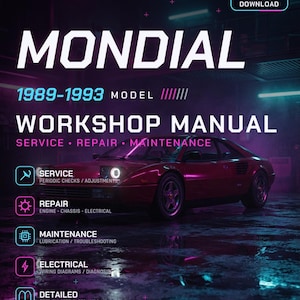 May include: A digital download workshop manual for the 1989-1993 Ferrari Mondial. The cover features a red sports car in a dark, neon-lit setting with text detailing service, repair, maintenance, electrical, and detailed step-by-step instructions.