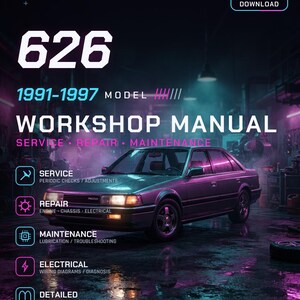 Op de afbeelding: Een digitaal PDF-werkplaatshandboek voor de Mazda 626 uit 1991-1997. De cover toont een donkergrijze sedan in een garage met neonroze en blauwe verlichting, inclusief tekst voor service, reparatie, onderhoud, elektrische systemen en instructies.
